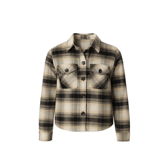 BB Dakota Steve Madden Women’s S Plaid Beige Black Shacket Flannel Button Down - Picture 3 of 9